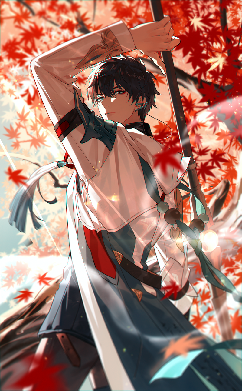 1boy, arm_up, bangs, beads, black_hair, black_shirt, chinese_clothes, chinese_commentary