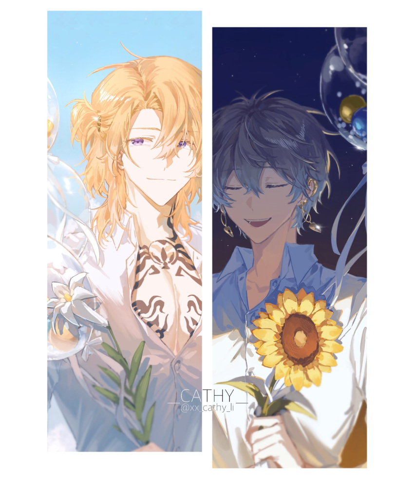 2boys, artist_name, balloon, bangs, blonde_hair, blue_hair, blue_sky, border, buttons, cathy_(xx_cathy_li), chest_tattoo, closed_eyes, closed_mouth, collarbone, collared_shirt, commentary_request, day, earclip, earrings, flower, gold_earrings, gradient_hair, grey_hair, hair_between_eyes, highres, holding, holding_balloon, holding_flower, ike_eveland, jewelry, looking_at_viewer, luca_kaneshiro, male_focus, medium_hair, multicolored_hair, multiple_boys, night, night_sky, nijisanji, nijisanji_en, open_clothes, open_collar, open_mouth, open_shirt, outdoors, parted_bangs, shirt, short_hair, short_sidetail, sidelocks, sky, smile, sunflower, tattoo, teeth, twitter_username, violet_eyes, virtual_youtuber, watermark, white_background, white_border, white_flower, white_shirt, wing_collar, yellow_flower