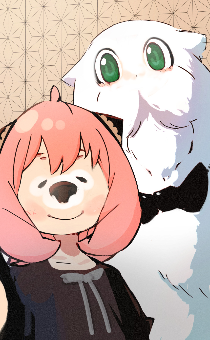 1girl, absurdres, ahoge, animal, animal_nose, anya_(spy_x_family), black_bow, black_bowtie
