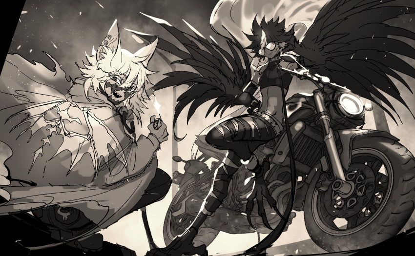 2boys, animal_ear_fluff, animal_ears, animal_feet, arm_up, armlet, bat_boy, bat_ears