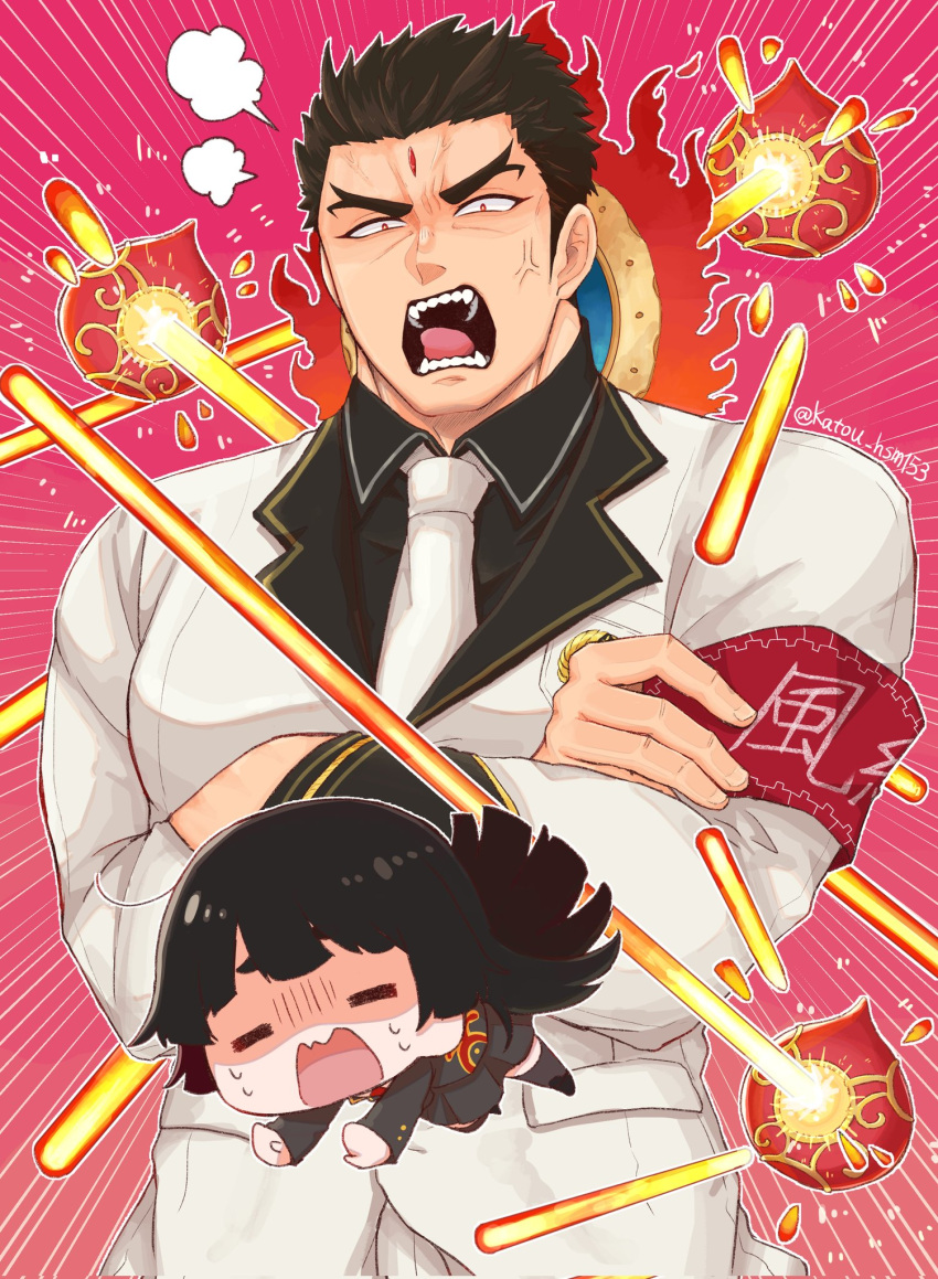 1boy, 1girl, aizen_(housamo), anger_vein, angry, armband, black_hair, black_shirt