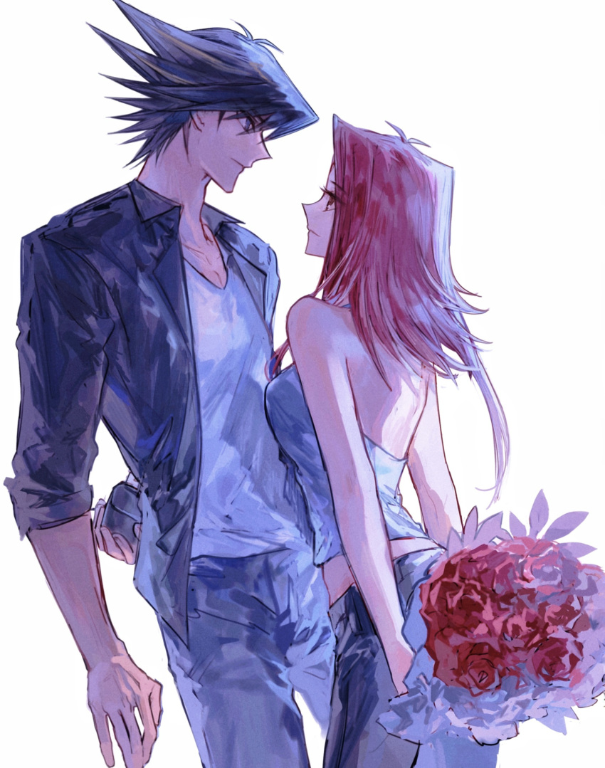 1boy, 1girl, absurdres, arms_behind_back, bare_arms, black_hair, black_jacket, blonde_hair