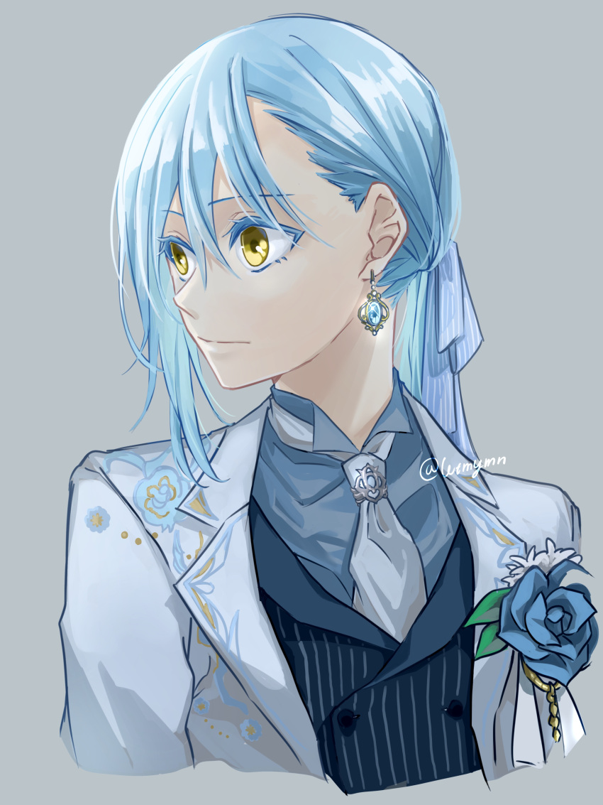 1other, absurdres, androgynous, asymmetrical_bangs, bangs, black_vest, blue_flower, blue_gemstone