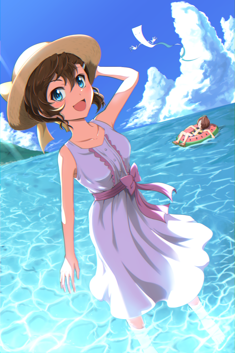 1boy, 1girl, :d, armpits, bangs, bare_arms, barefoot, blue_eyes, blue_sky, breasts, brown_hair, clouds, collarbone, cumulonimbus_cloud, day, dress, gegege_no_kitarou, grey_dress, hair_between_eyes, hair_ornament, hairclip, hat, highres, innertube, inuyama_mana, ittan_momen_(gegege_no_kitarou), kitarou, looking_at_viewer, mamiya_myanmar, ocean, outdoors, short_hair, sky, sleeveless, sleeveless_dress, small_breasts, smile, soaking_feet, solo_focus, standing, summer, sun_hat