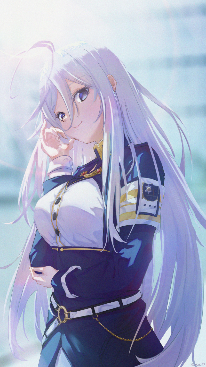 1girl, 86_-eightysix-, ahoge, armband, bangs, belt, blue_eyes, blue_sleeves