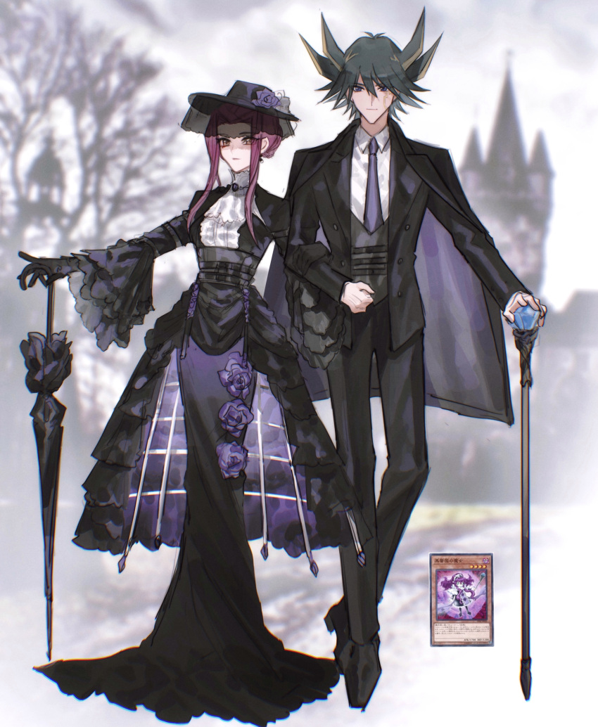 1boy, 1girl, absurdres, black_gloves, black_hair, black_headwear, black_jacket, black_pants