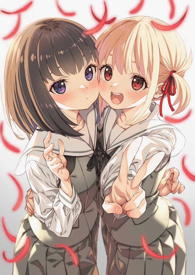 2girls, :d, bangs, black_hair, blonde_hair, cheek-to-cheek, collarbone, commentary_request