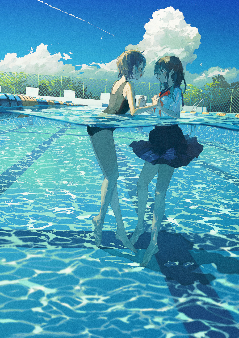 2girls, black_hair, black_one-piece_swimsuit, blue_sailor_collar, blue_skirt, blue_sky, blush, clouds