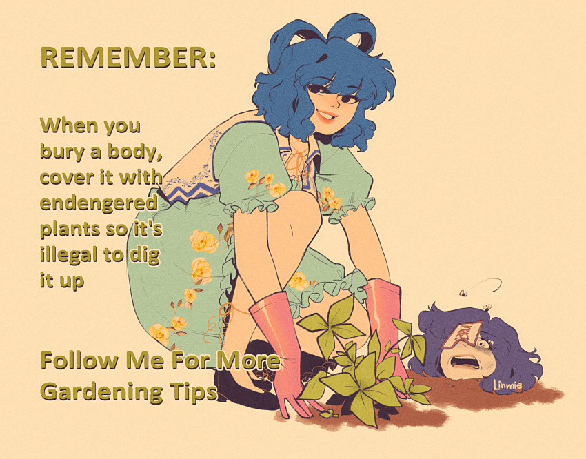 2girls, aqua_dress, black_eyes, blue_hair, bug, burying_alive, dress, english_text, fly, frilled_sleeves, frills, gardening, gardening_tips_(meme), gloves, high_heels, highres, jiangshi, kaku_seiga, linmiee, meme, miyako_yoshika, multiple_girls, ofuda, open_mouth, pink_gloves, planting, purple_hair, short_hair, short_sleeves, simple_background, smile, touhou, typo, vest, white_vest