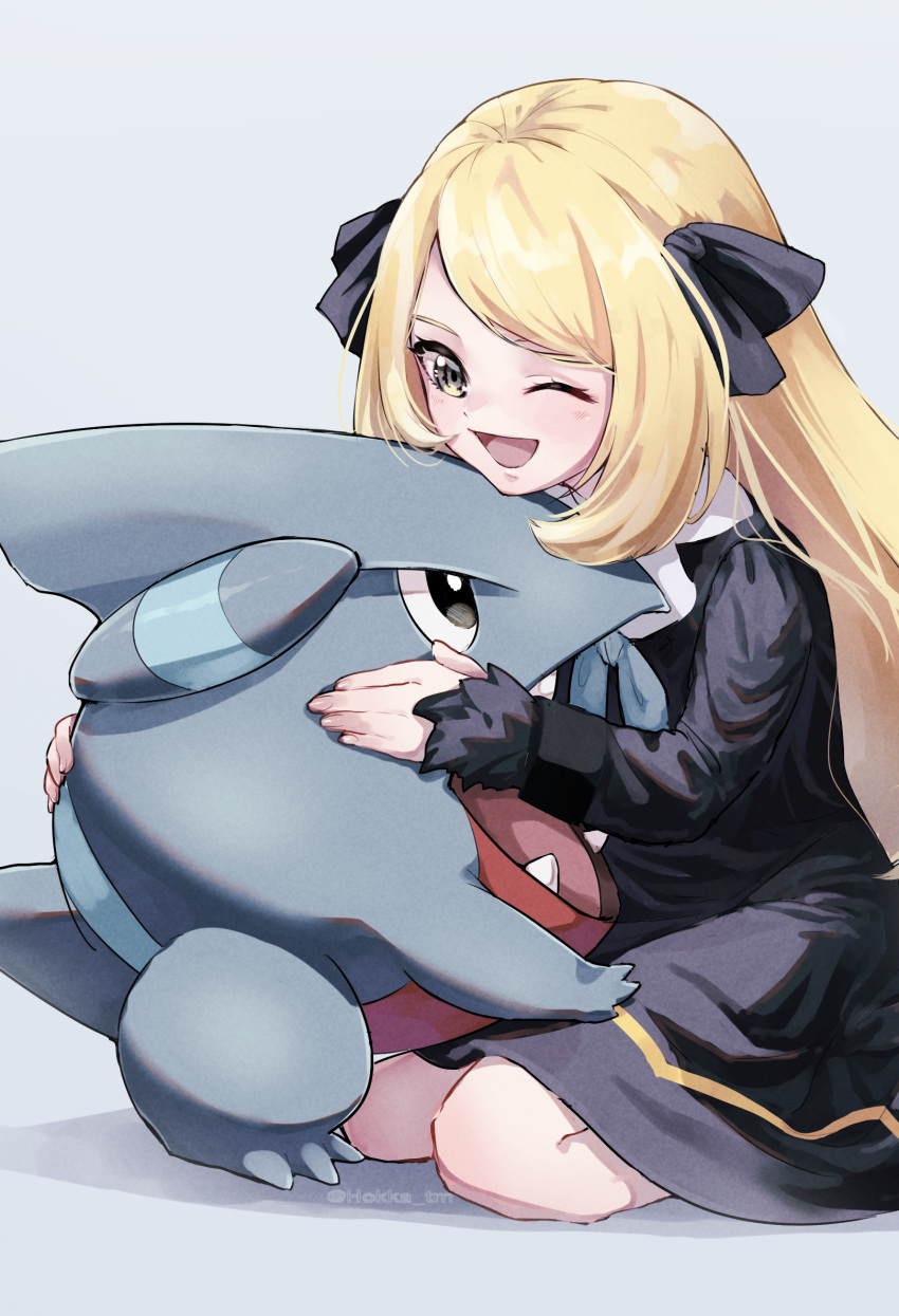 1girl, ;d, bangs, black_dress, black_ribbon, blonde_hair, commentary_request, cynthia_(pokemon)