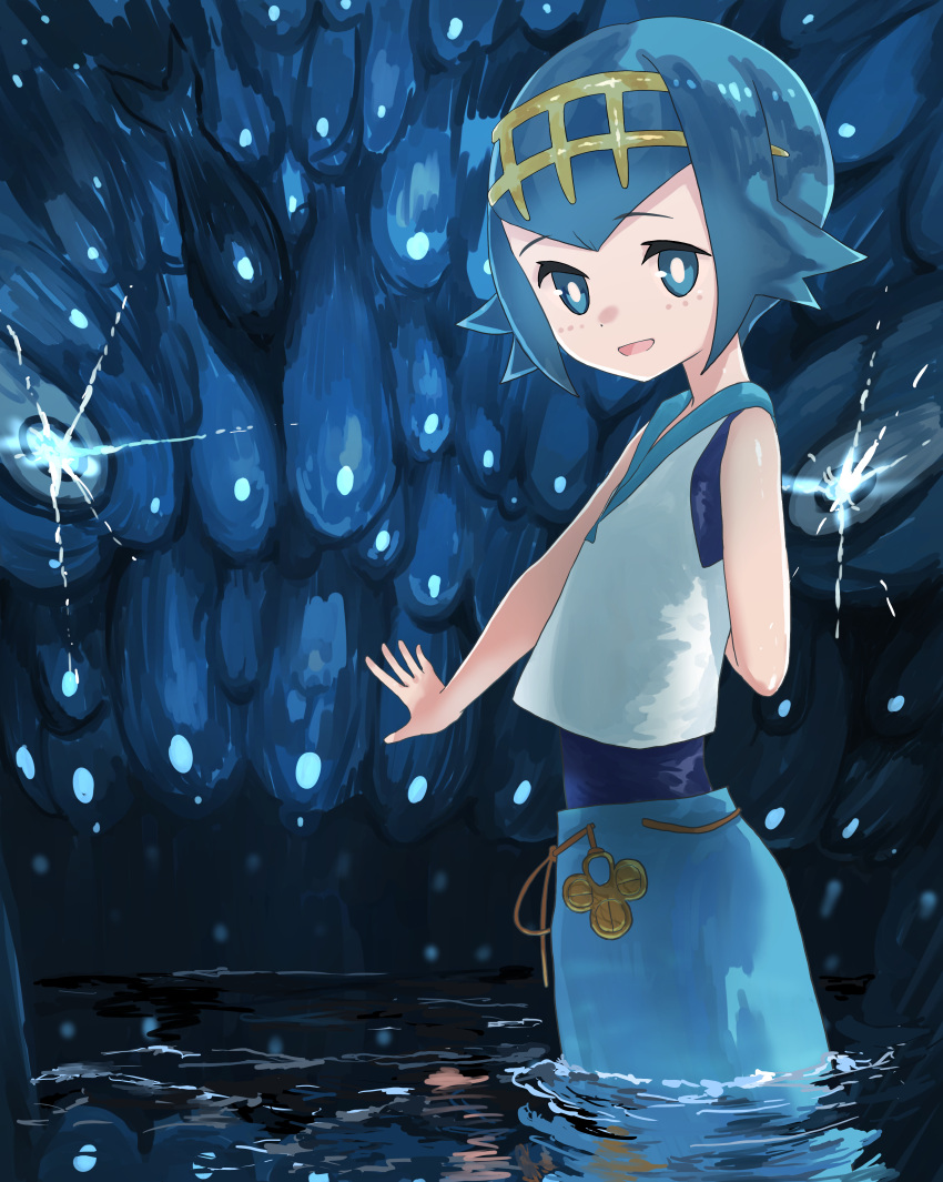 1girl, absurdres, aiueo_otoko, blue_eyes, blue_hair, blue_pants, blue_sailor_collar, bright_pupils, commentary_request, freckles, hairband, highres, lana_(pokemon), looking_at_viewer, no_sclera, one-piece_swimsuit, open_mouth, pants, pokemon, pokemon_(creature), pokemon_(game), pokemon_sm, ripples, sailor_collar, shirt, short_hair, sleeveless, sleeveless_shirt, smile, swimsuit, swimsuit_under_clothes, tongue, wading, water, white_pupils, white_shirt, wishiwashi, wishiwashi_(school), yellow_hairband
