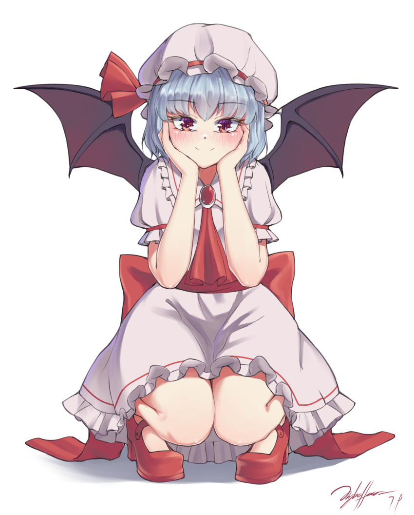 1girl, absurdres, ascot, bat_wings, blush, brooch, hand_on_own_face, hands_on_own_cheeks