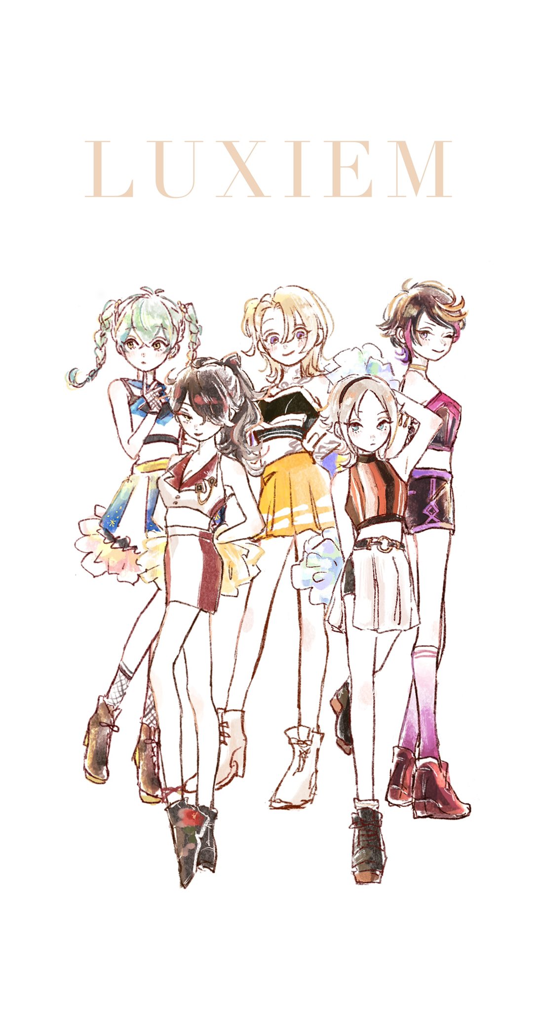 5girls, black_hair, blonde_hair, blue_eyes, blue_hair, brown_hair, cheerleader, crop_top