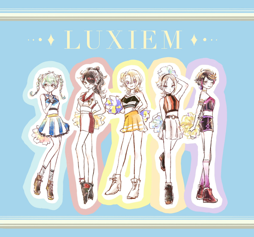 5girls, black_hair, blonde_hair, blue_background, blue_eyes, blue_hair, brown_hair, cheerleader