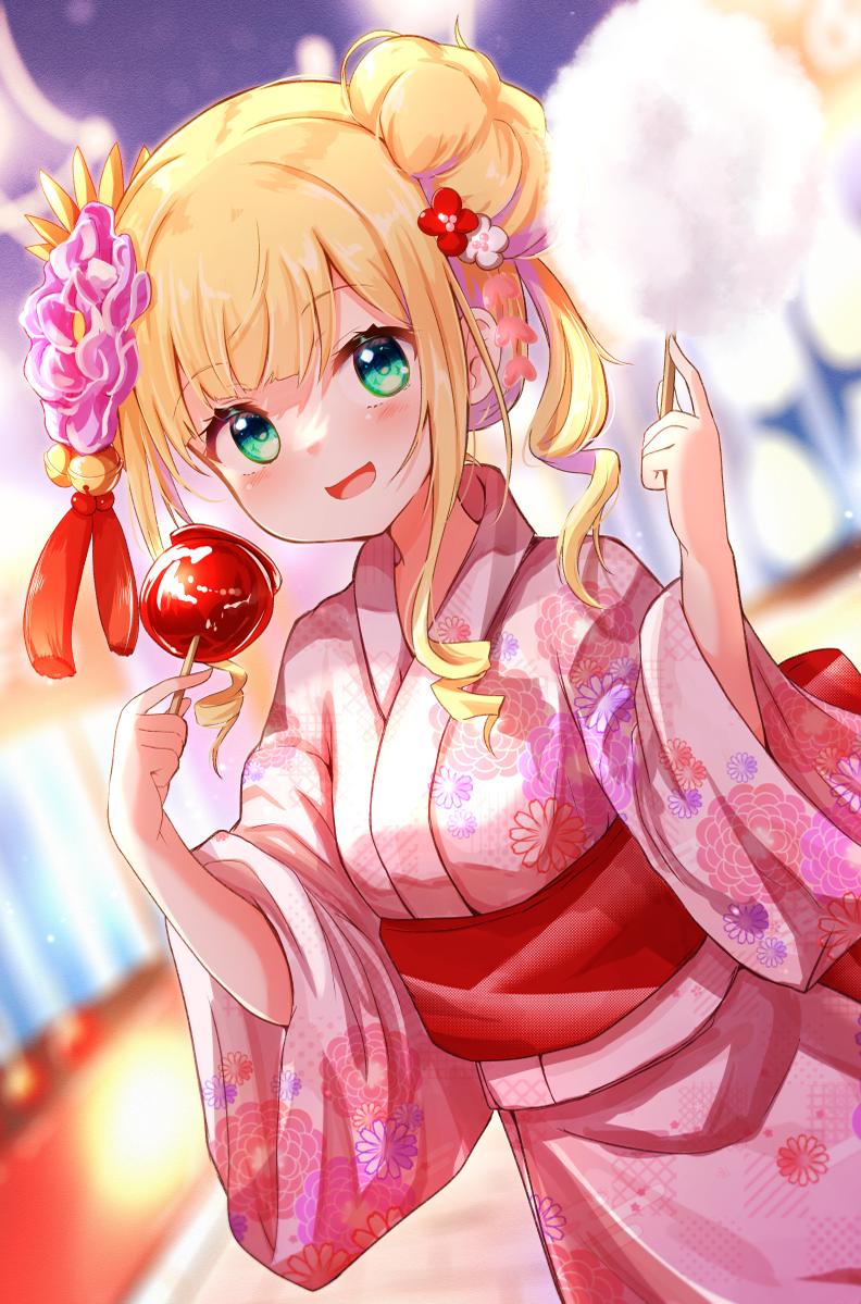 1girl, :d, baram, blonde_hair, blurry, blurry_background, breasts, candy_apple