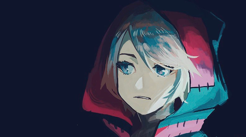 1girl, bangs, black_background, blonde_hair, blue_eyes, hood, kagamine_rin, looking_away