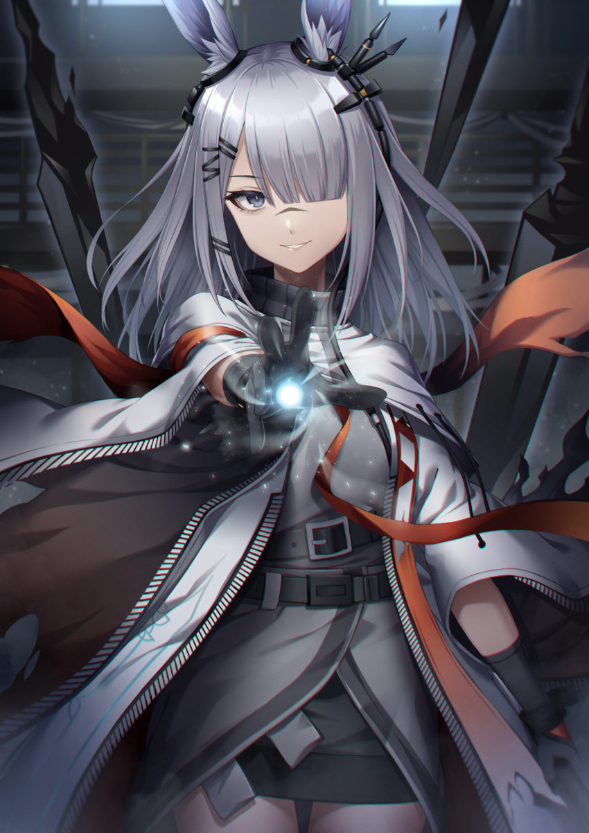 1girl, animal_ears, arknights, black_gloves, black_skirt, casting_spell, coat, cowboy_shot