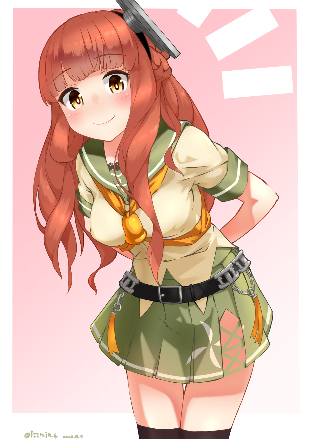 1girl, aircraft_catapult, bangs, belt, black_belt, black_thighhighs, blunt_bangs, braid