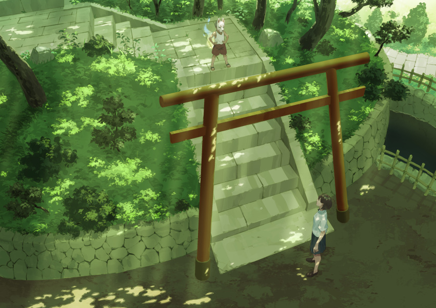 1boy, 1girl, absurdres, black_skirt, brown_hair, bush, child, fox_mask