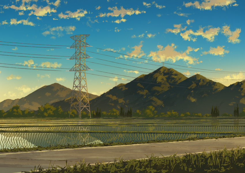 absurdres, blue_sky, clouds, commentary_request, day, grass, highres, mountain