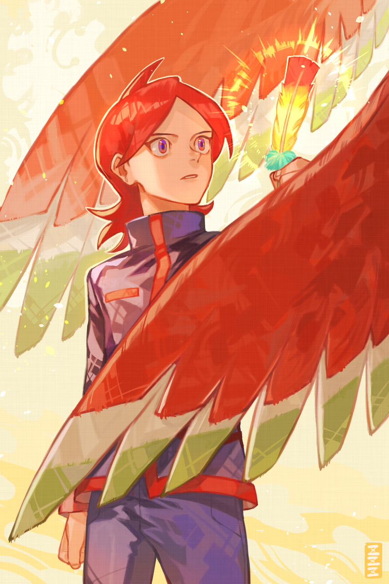 1boy, arm_at_side, commentary_request, cowlick, feathers, hand_up, highres, ho-oh