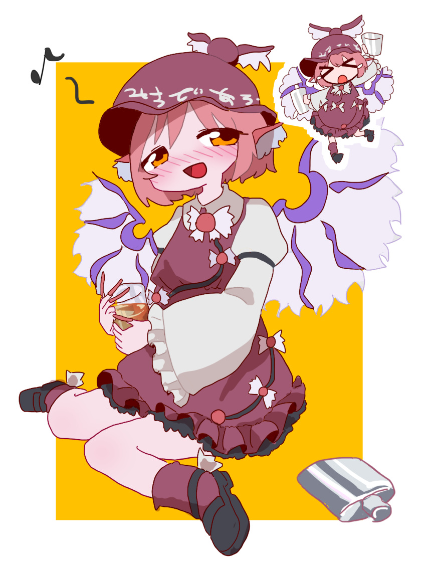 >_<, 1girl, animal_ears, bird_ears, bird_wings, black_footwear, blush, brown_dress, brown_headwear, brown_socks, cup, dress, drunk, eighth_note, fingernails, frilled_dress, frilled_sleeves, frills, hat, highres, holding, holding_cup, long_fingernails, long_sleeves, mi_do_rr, multiple_views, musical_note, mystia_lorelei, nail_polish, open_mouth, pink_hair, pink_nails, sharp_fingernails, shoes, short_hair, smile, socks, touhou, white_wings, wide_sleeves, winged_hat, wings, yellow_eyes