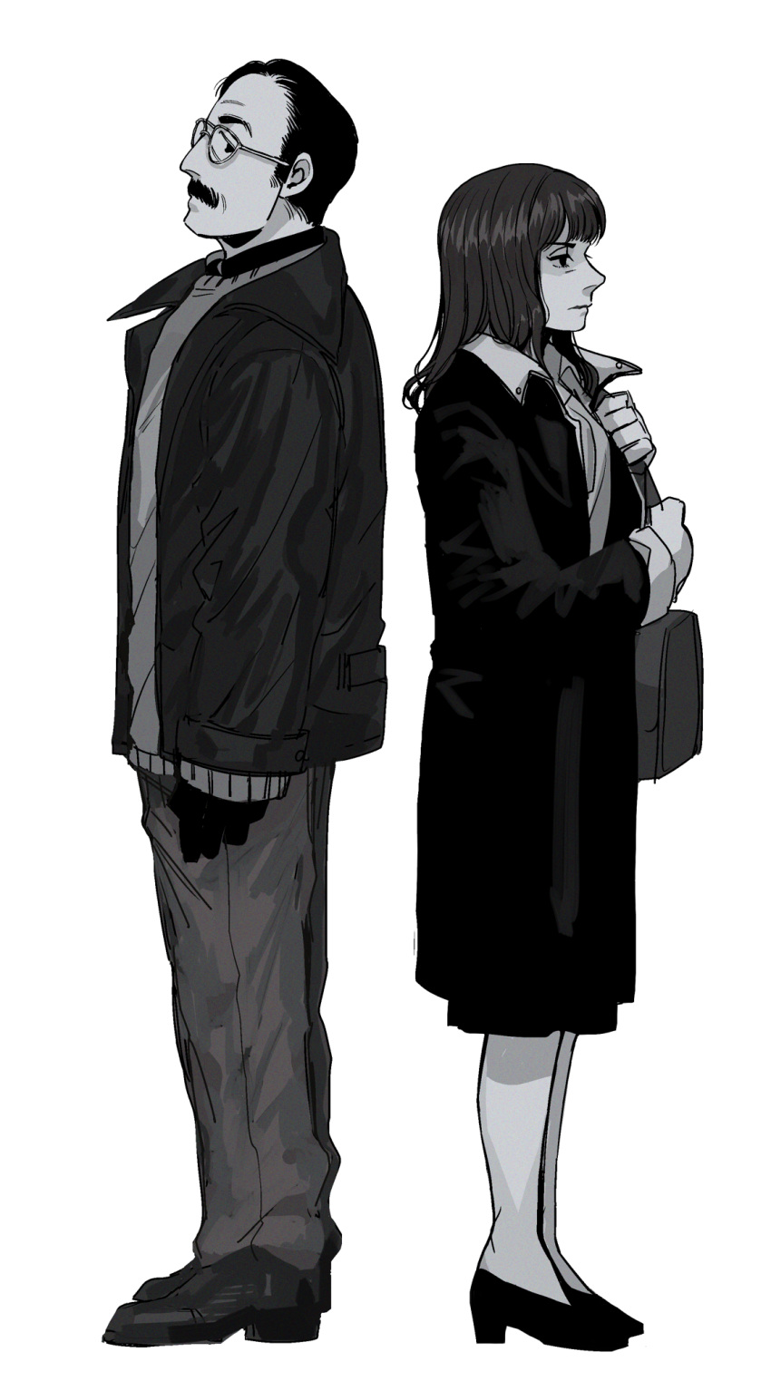 1boy, 1girl, animification, bag, bags_under_eyes, better_call_saul, brown_hair, coat