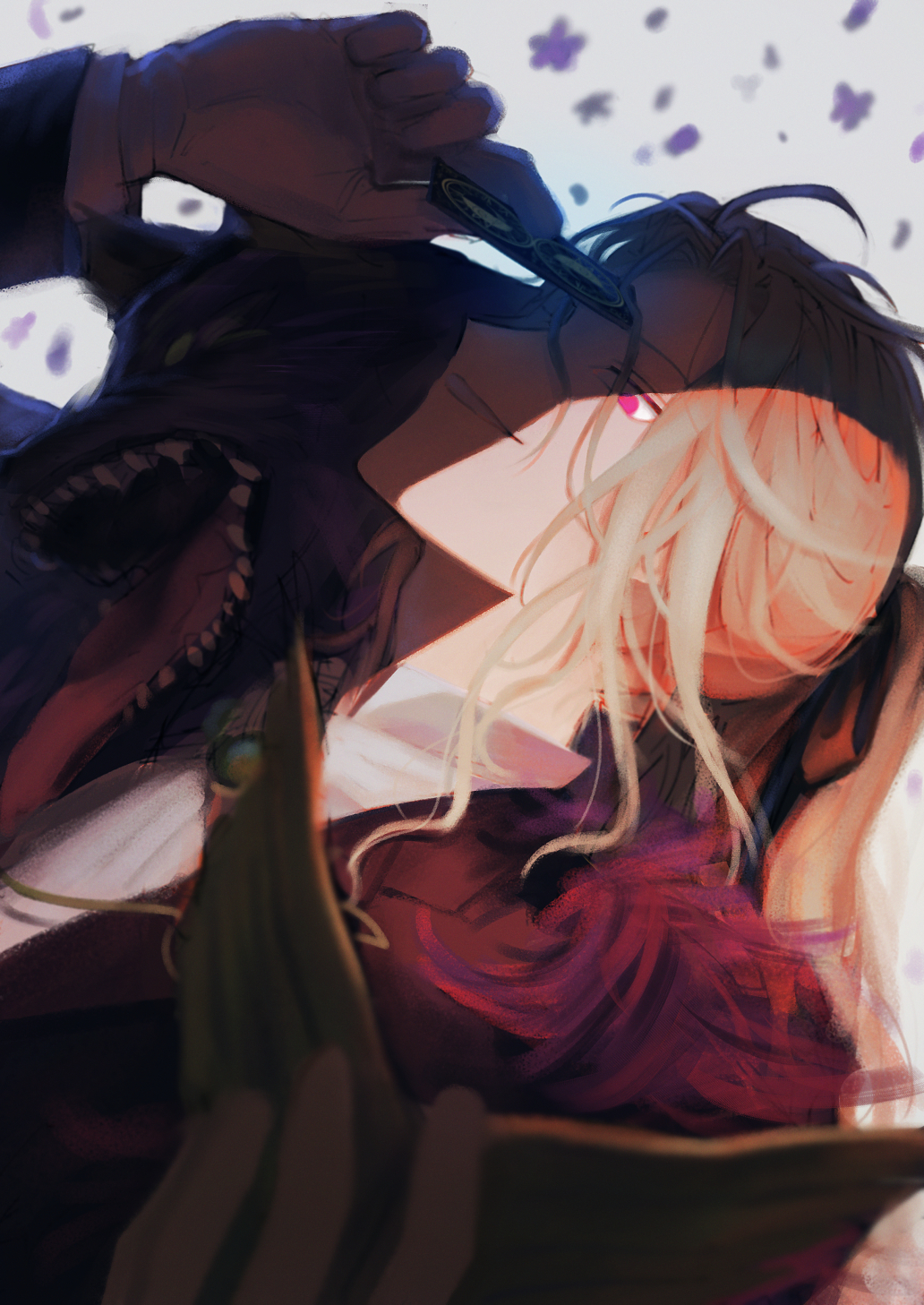 1boy, alternate_eye_color, ane_am, ascot, blonde_hair, bow, card, fate/grand_order, fate_(series), film_grain, gloves, hair_bow, highres, long_hair, male_focus, official_alternate_costume, pink_eyes, ponytail, simple_background, smile, very_long_hair, white_ascot, white_background, white_gloves, wolf, wolfgang_amadeus_mozart_(fate), wolfgang_amadeus_mozart_(formal_dress)_(fate)