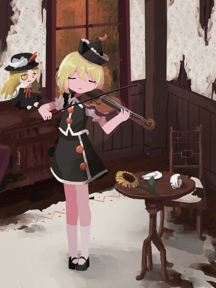 1girl, black_footwear, black_headwear, black_skirt, black_vest, blonde_hair, buttons, closed_eyes