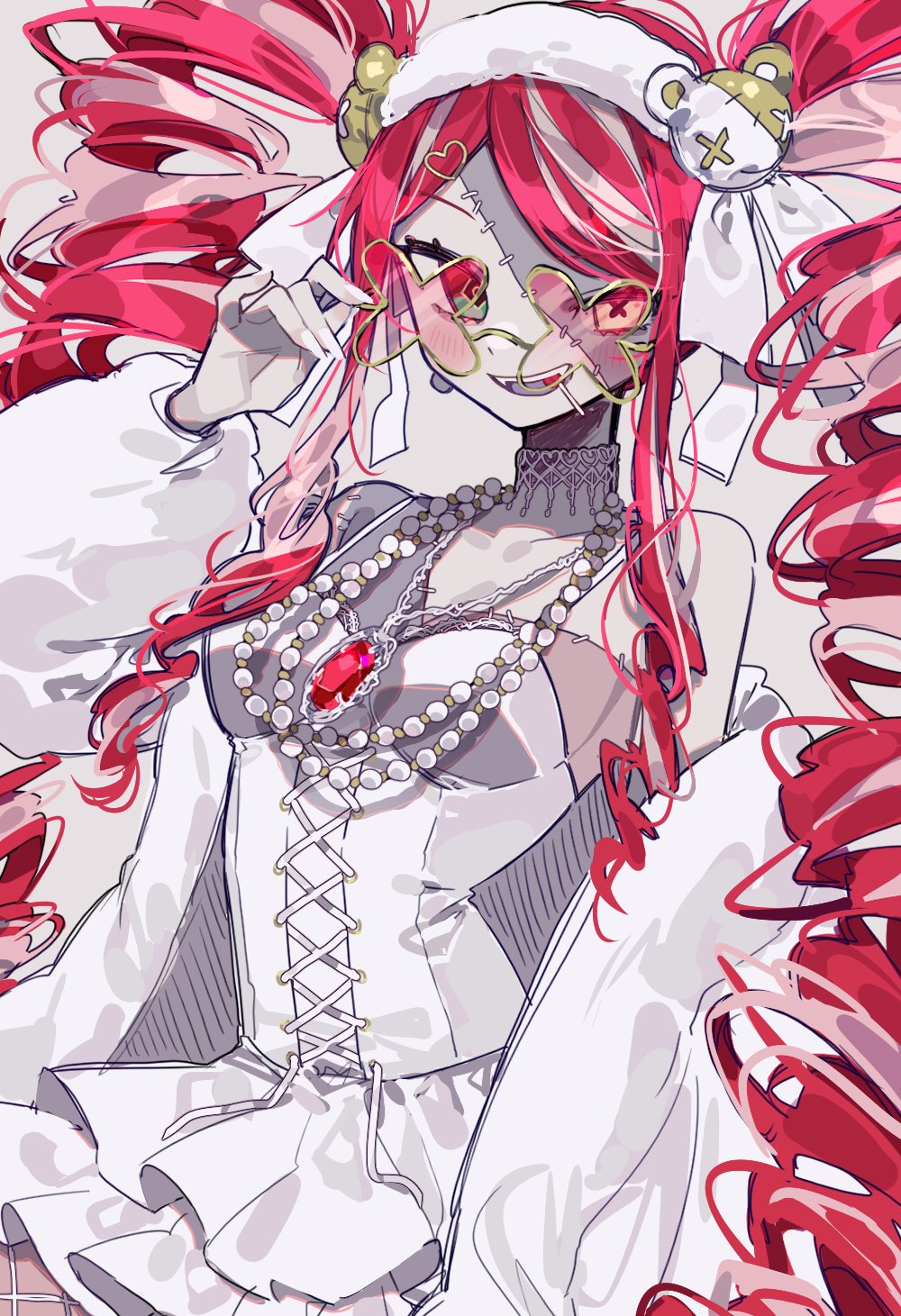 1girl, 3j_dangan, :d, adjusting_eyewear, bangs, bare_shoulders, blush, breasts