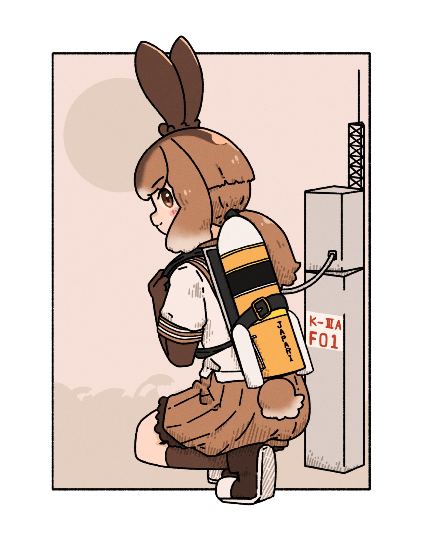 1girl, animal_ears, blush, brown_gloves, brown_hair, brown_skirt, brown_socks, commentary_request