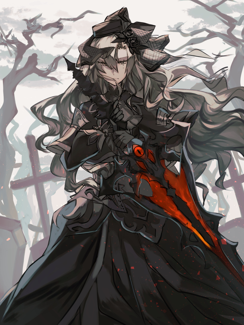 1girl, bare_tree, black_dress, black_flower, black_gloves, black_rose, cross, dress