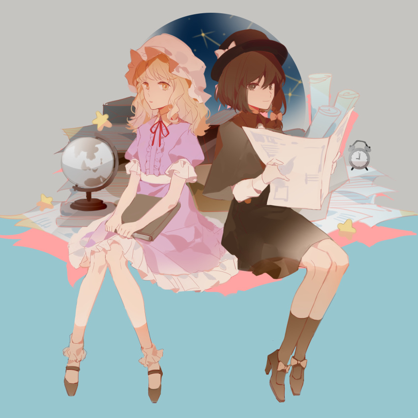 2girls, alarm_clock, argon_(caocaocaocaocao), black_capelet, black_footwear, black_headwear, black_skirt, blonde_hair