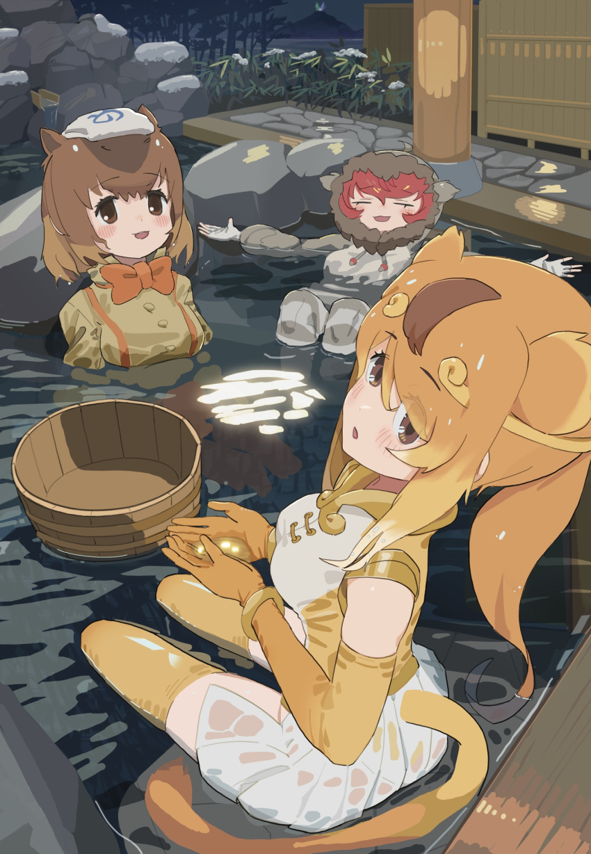 3girls, animal_ears, blonde_hair, blush, bow, bowtie, brown_eyes, brown_hair