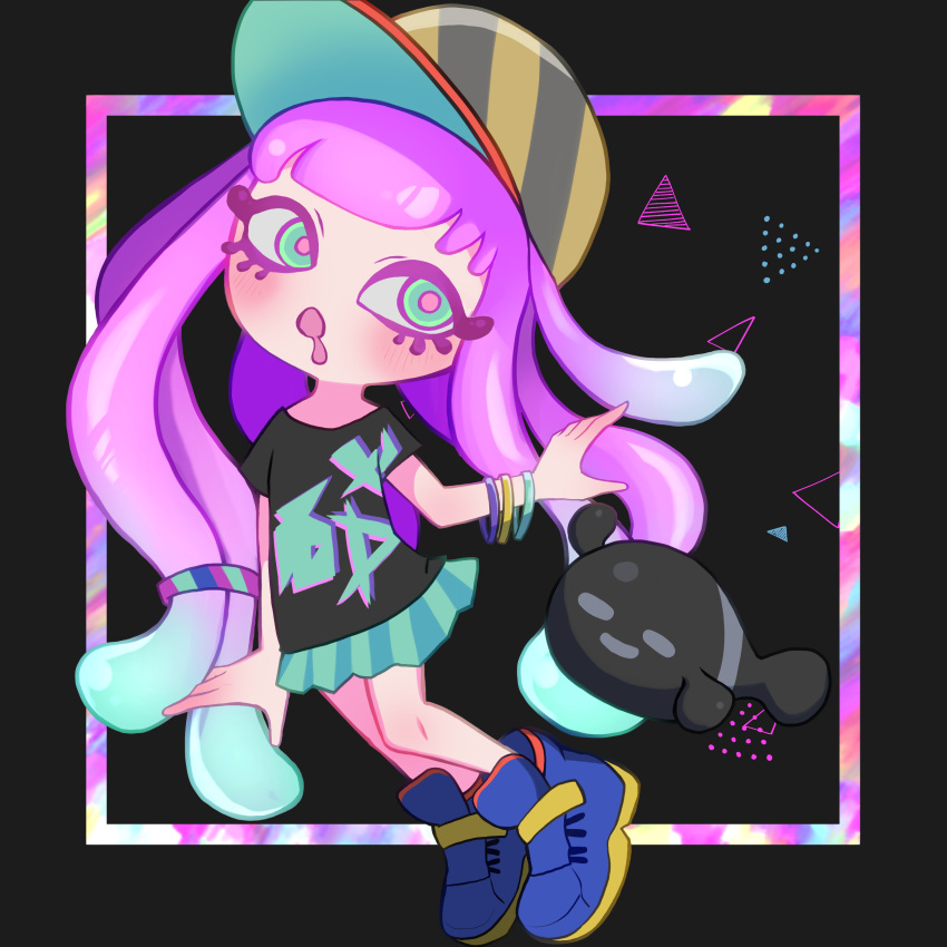 1girl, absurdres, aqua_eyes, aqua_hair, aqua_skirt, baseball_cap, black_background, black_shirt, blue_footwear, blush, bracelet, chidori_100, clownfish, colored_skin, drooling, eyelashes, fish, full_body, gradient_hair, gradient_skin, harmony's_clownfish_(splatoon), harmony_(splatoon), hat, highres, jewelry, long_hair, miniskirt, multicolored_clothes, multicolored_hair, multicolored_headwear, multicolored_skin, no_eyebrows, no_nose, open_mouth, pink_hair, pink_pupils, pink_skin, pleated_skirt, shirt, shoes, short_sleeves, sideways_hat, skirt, sneakers, splatoon_(series), striped, striped_headwear, tentacle_hair, two-tone_hair, two-tone_skin