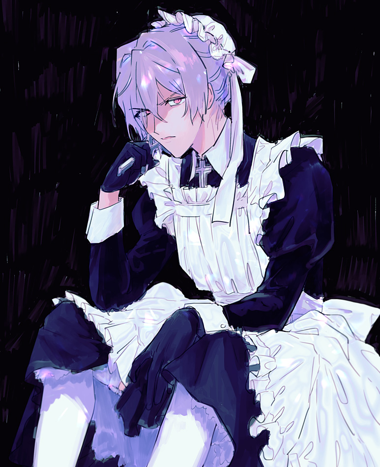 1boy, alternate_costume, ane_am, antonio_salieri_(fate), antonio_salieri_(second_ascension)_(fate), apron, between_legs, black_background
