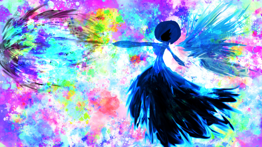 1other, abstract, absurdres, alternate_color, arm_up, bangs, black_skin, blue_hair