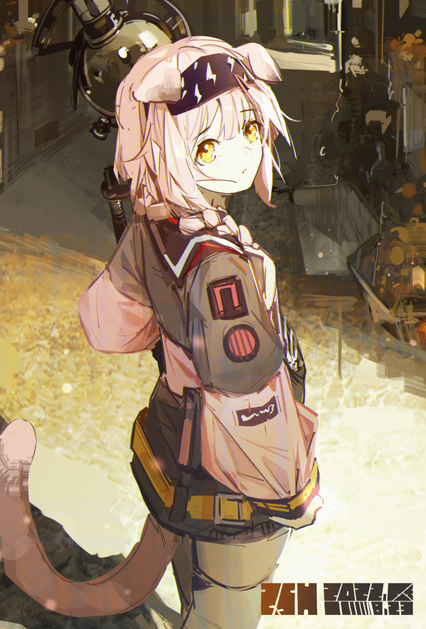 1girl, animal_ears, arknights, black_hairband, black_jacket, braid, cat_ears, cat_girl, cat_tail, cowboy_shot, floppy_ears, from_behind, goldenglow_(arknights), hairband, highres, holding, holding_staff, jacket, lightning_bolt_print, long_hair, long_sleeves, looking_at_viewer, looking_back, multicolored_clothes, multicolored_jacket, pink_hair, pink_jacket, print_hairband, qiumoyixing, sketch, solo, staff, tail, tail_raised, thigh-highs, two-tone_jacket, white_thighhighs, yellow_eyes
