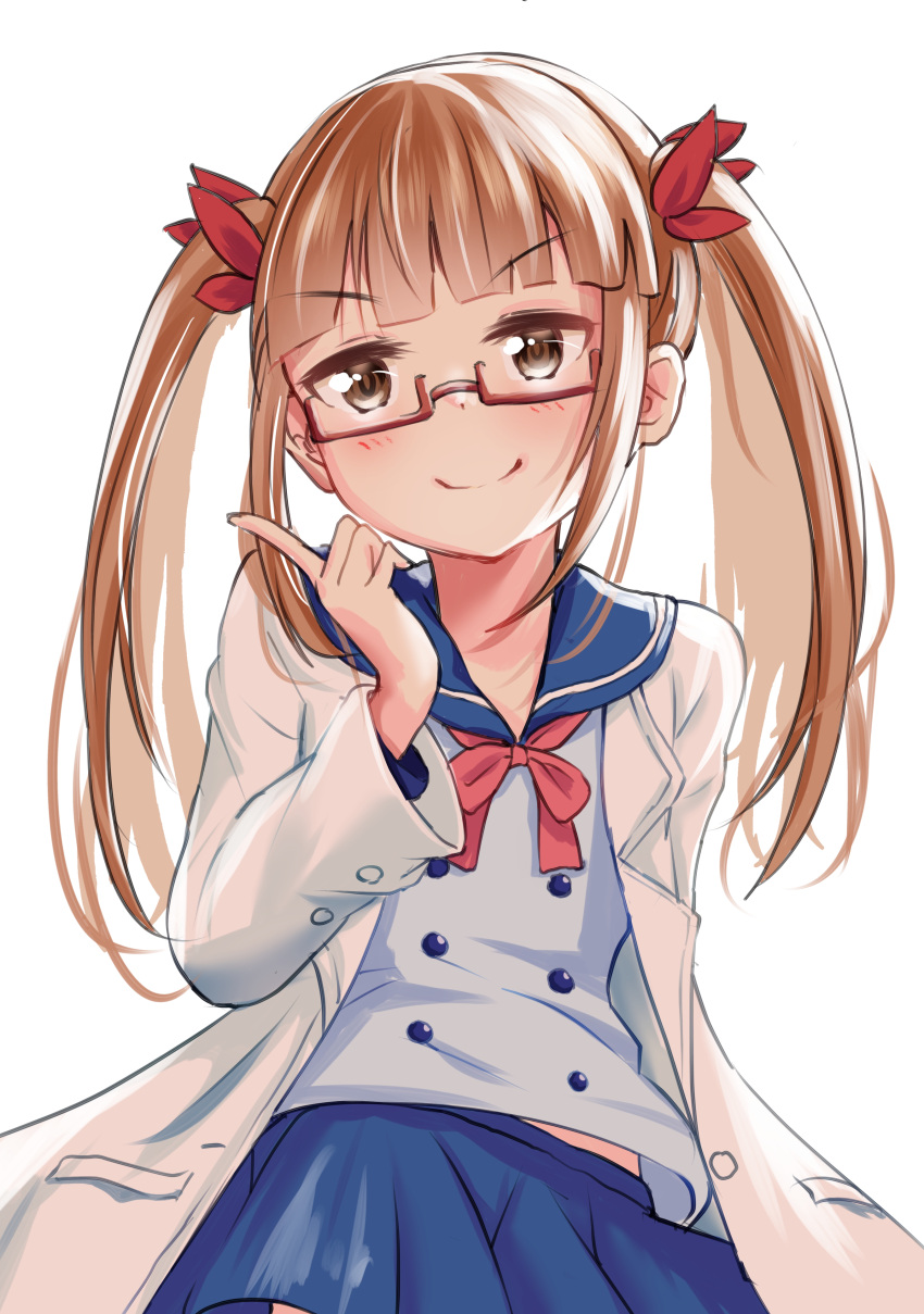 1girl, absurdres, bangs, blue_sailor_collar, blue_skirt, blunt_bangs, blush, brown_eyes