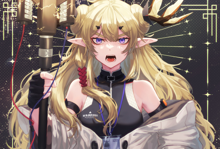 1girl, arknights, blonde_hair, blue_eyes, coat, electricity, fingerless_gloves, gloves, highres, holding, holding_staff, horns, kazakamiokenai, leizi_(arknights), long_hair, pointy_ears, sleeveless, staff, thick_eyebrows, white_coat
