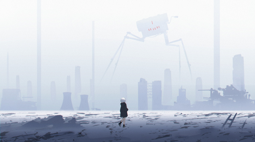 1girl, city, factory, fog, from_behind, grey_sky, highres, hood