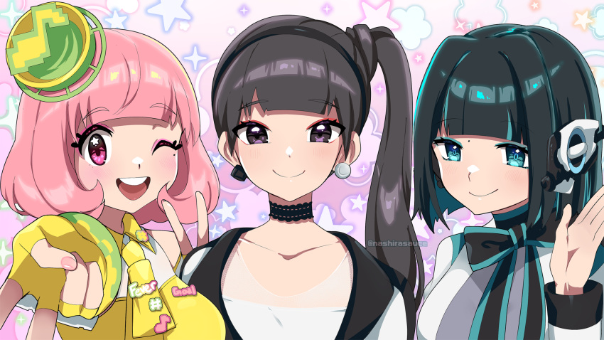 3girls, bangs, black_eyes, black_hair, black_ribbon, commentary, earrings, eyeshadow