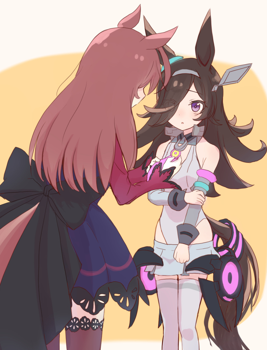2girls, adjusting_another's_clothes, ahoge, animal_ears, back_bow, bangs, black_bow, black_hair
