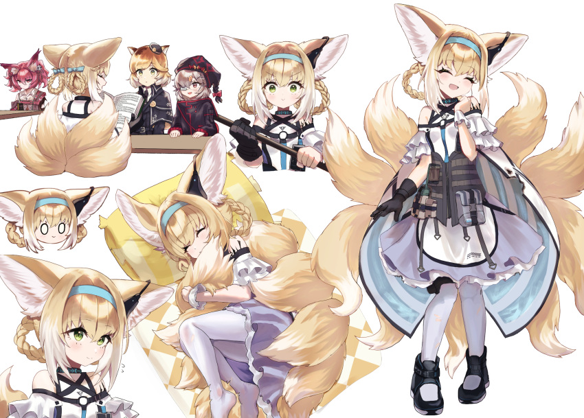0_0, 4girls, ^_^, animal_ears, arknights, bare_shoulders, black_footwear, black_gloves