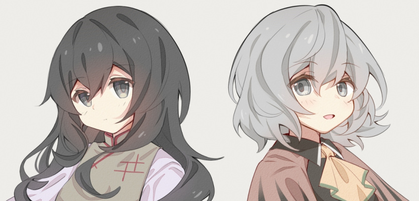 2girls, black_hair, capelet, dress, grey_eyes, haru_(len'en), jian_xing_zao, len'en