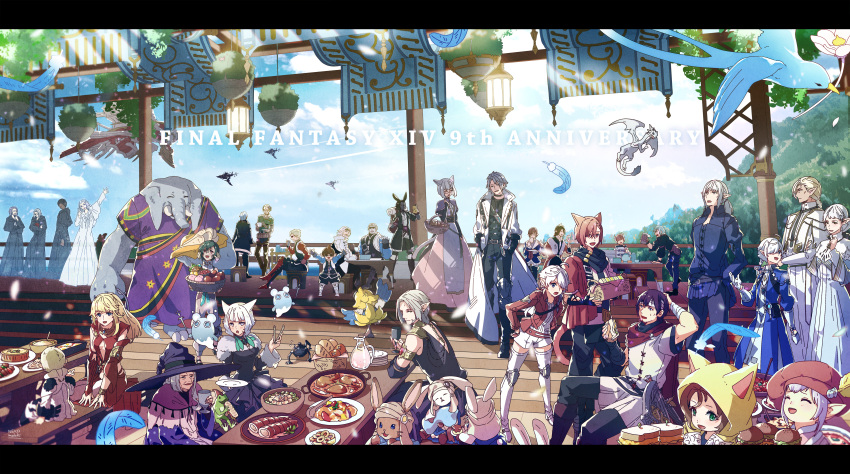 6+boys, 6+girls, absurdres, adventurer_(ff14), alisaie_leveilleur, alpha_(ff14), alphinaud_leveilleur, ameliance_leveilleur, animal_ears, au_ra, bandaged_arm, bandaged_hand, bandages, biggs_(ff14), black_hair, boots, brown_hair, cat_ears, cat_tail, cid_nan_garlond, day, detached_sleeves, dragon, dragon_horns, elezen, elf, emet-selch, erenville, estinien_varlineau, everyone, f'lhaminn_qesh, feast, feathers, final_fantasy, final_fantasy_xiv, fourchenault_leveilleur, g'raha_tia, garlean, ghost, glasses, goggles, goggles_on_head, green_eyes, green_hair, grey_hair, hat, hermes_(ff14), highres, horns, hythlodaeus, hyur, krile_mayer_baldesion_(ff14), lalafell, letterboxed, lili_mdoki, long_hair, looking_at_viewer, loporrit, lyse_hext, mask, mask_around_neck, matoya_(ff14), miqo'te, multiple_boys, multiple_girls, nero_tol_scaeva, omega_(final_fantasy), outdoors, pointy_ears, poroggo_(final_fantasy), rabbit_ears, red_eyes, robe, roegadyn, scales, short_hair, tail, tataru_taru, thancred_waters, thigh_boots, urianger_augurelt, varshahn, venat_(ff14), viera, wedge_(ff14), white_hair, witch_hat, y'shtola_rhul