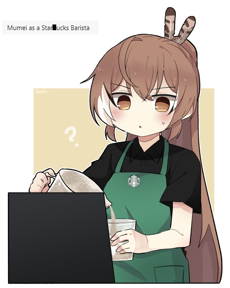 1girl, ?, ahoge, apron, bad_id, bad_twitter_id, bangs, barista