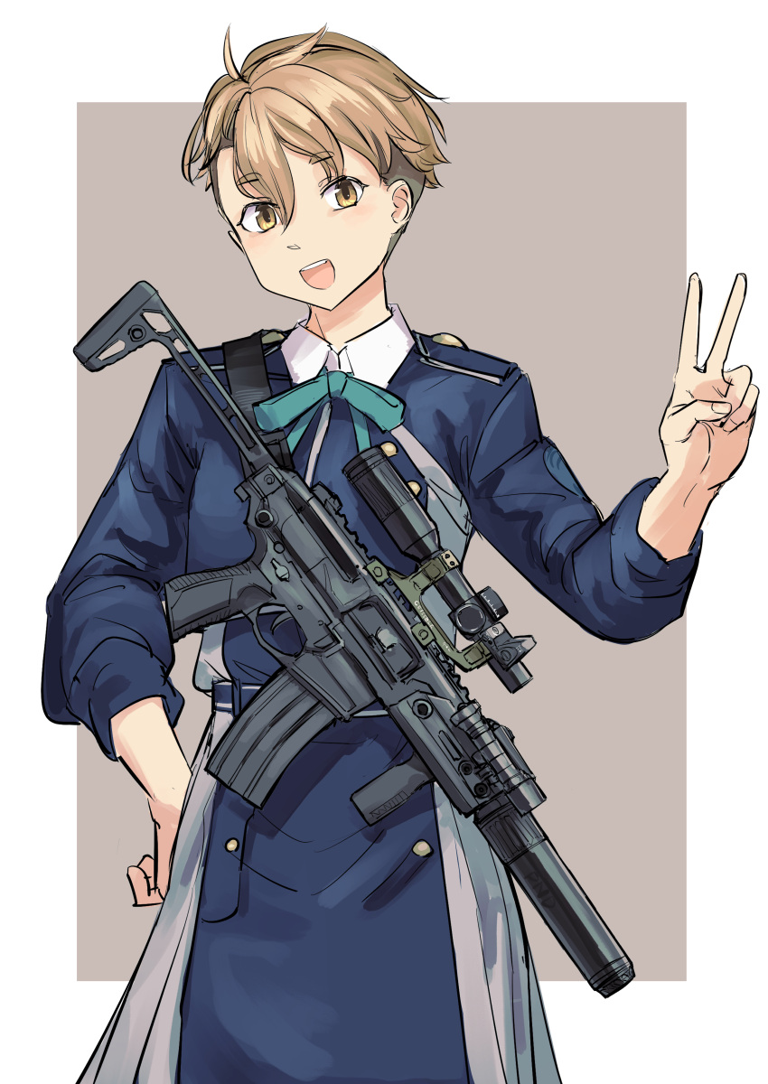 1girl, :d, absurdres, aqua_ribbon, brown_eyes, brown_hair, gun, hand_on_hip
