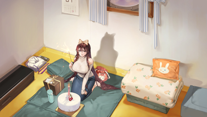 1girl, animal_print, bare_shoulders, blue_curtain, blue_eyes, blue_skirt, bow, box