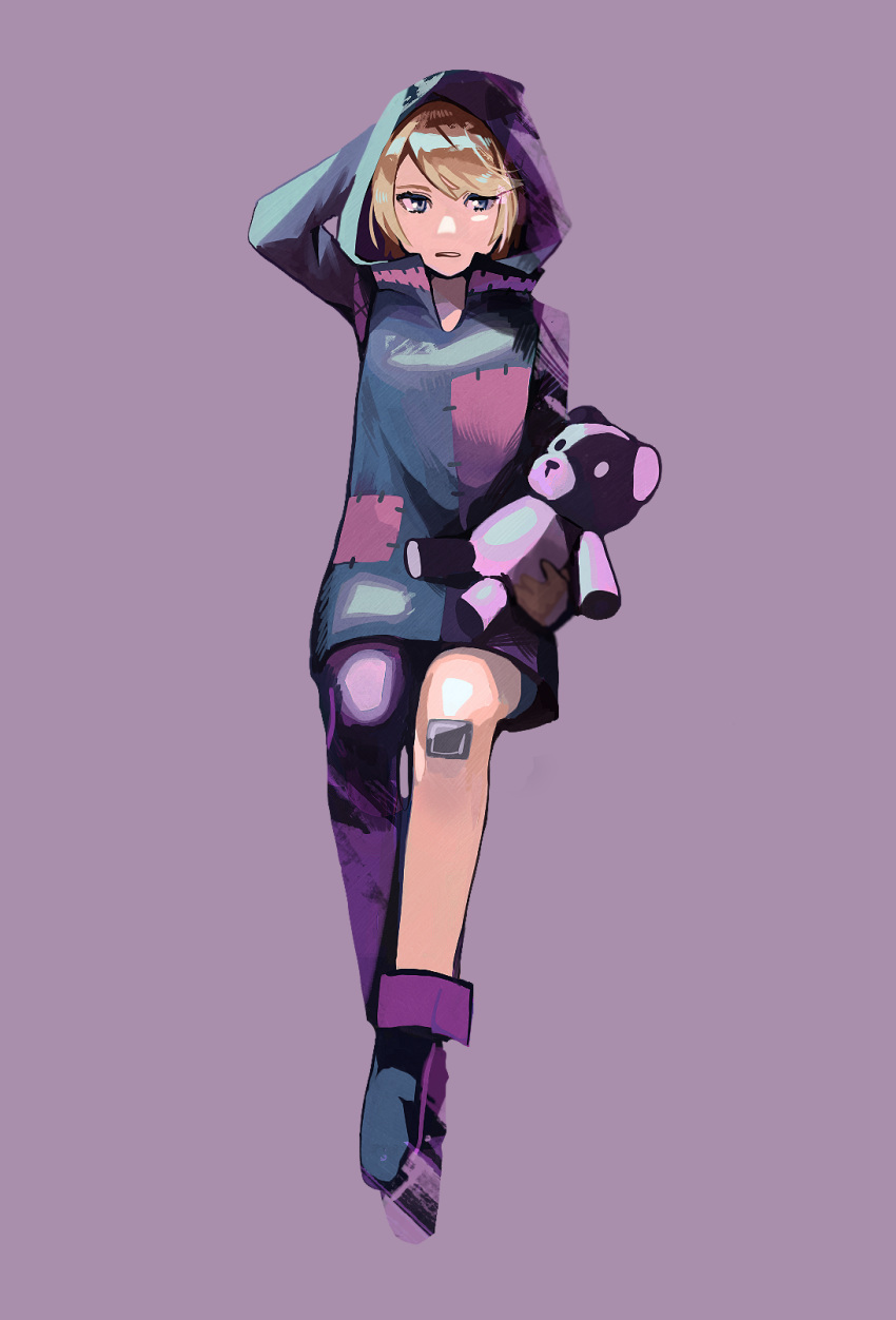 1girl, bangs, blonde_hair, blue_eyes, crossed_ankles, eyebrows_hidden_by_hair, highres, holding